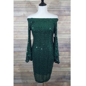Bebe sequin green dress off the shoulder 8